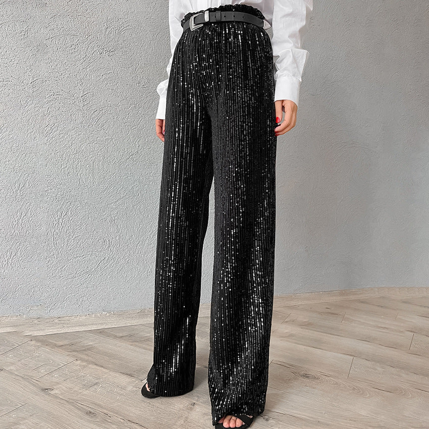 Embroidered Solid Color High Waist Loose Wide Leg Pants, silver or black