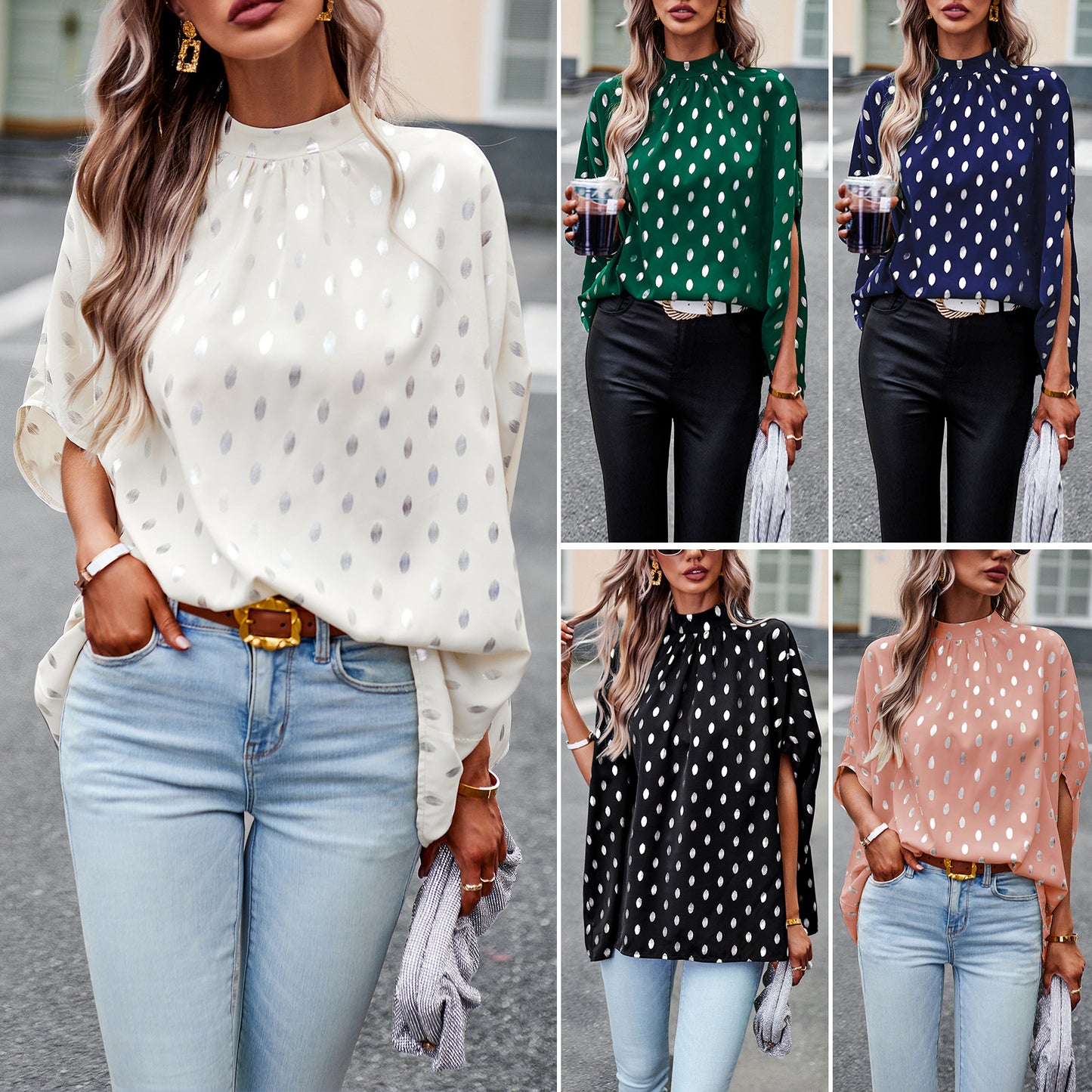 Metallic Polka Dot Long-sleeved Blouse