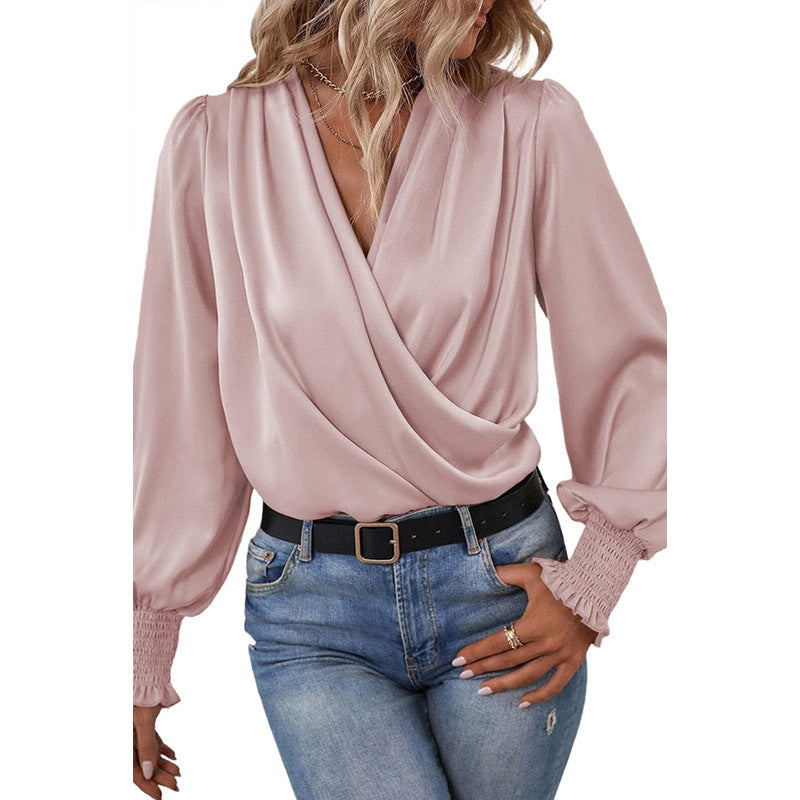 V-neck Chiffon Wrap Blouse, pink, black, or khaki