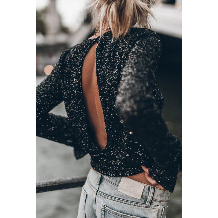 Sequin Long Sleeve Casual Blouse, black or silver