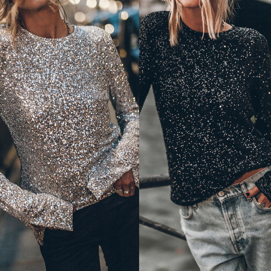 Sequin Long Sleeve Casual Blouse, black or silver