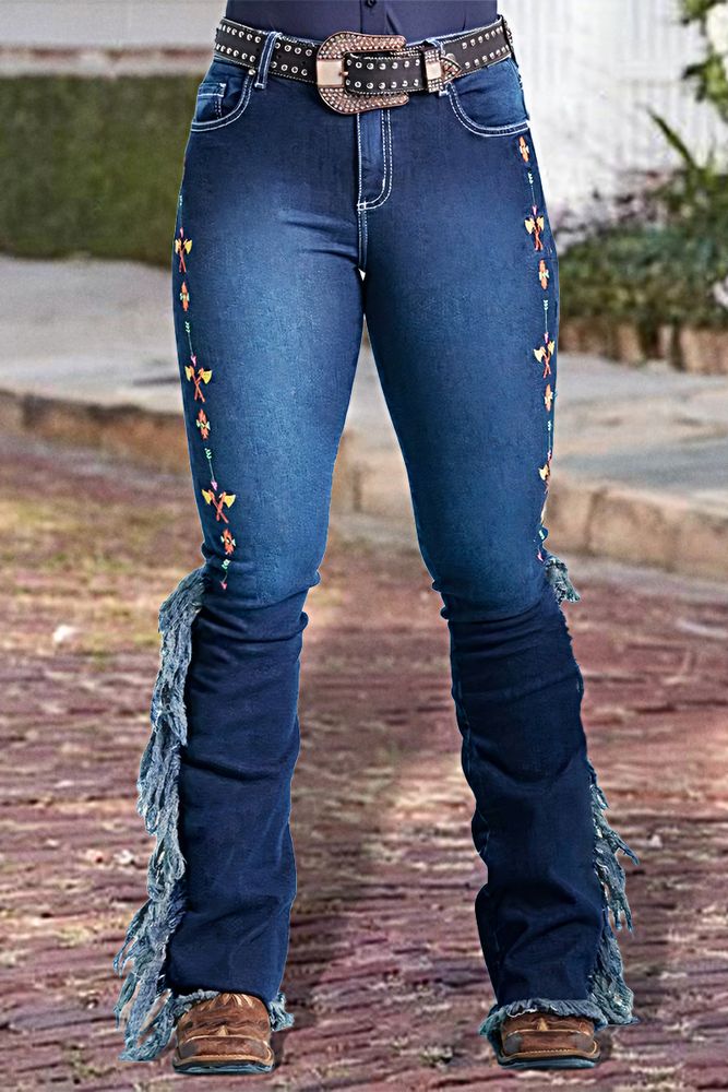 Embroidery Side Fringe Mid Waist Bootcut Jeans