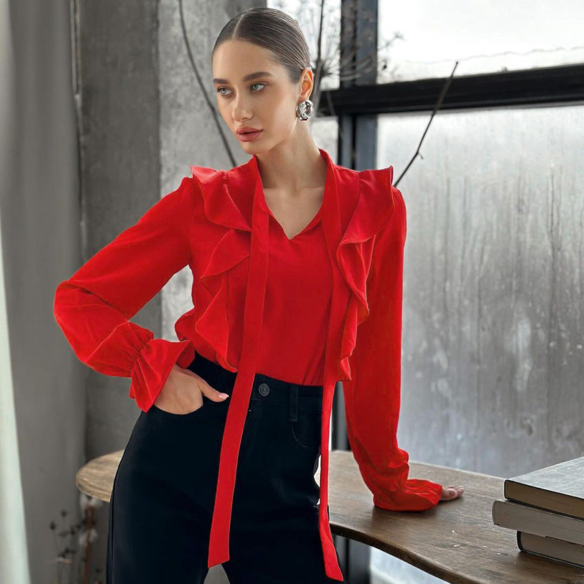 Elegant Red Chiffon Ruffled Blouse