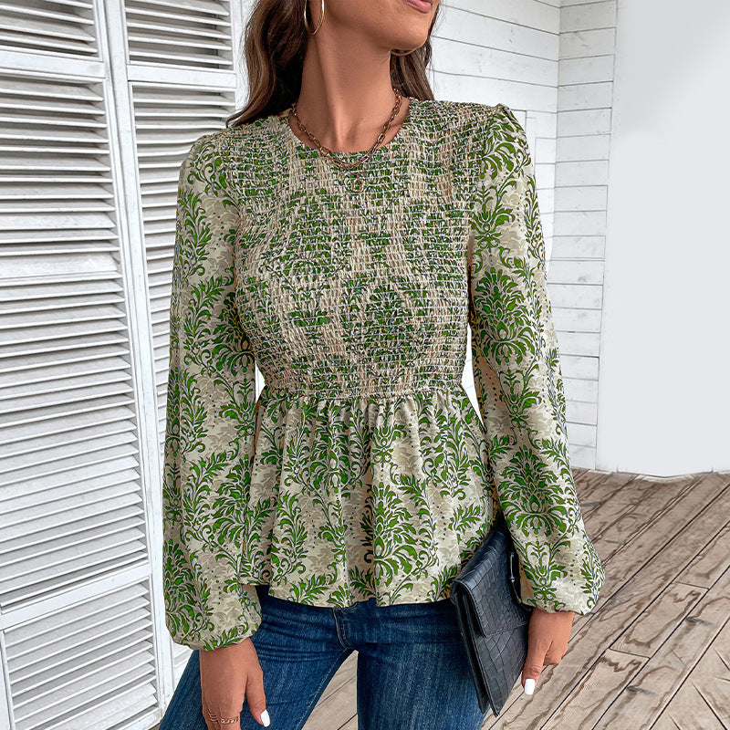 Elegant Pleated Waist Long Sleeve Printed Blouse