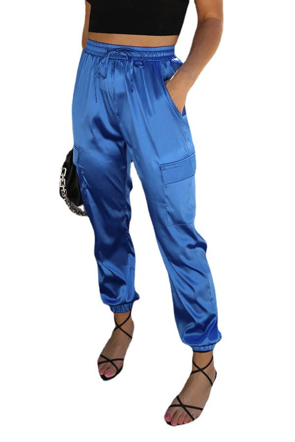 Shiny Pocket Straight Leg Casual Pants, blue or rose