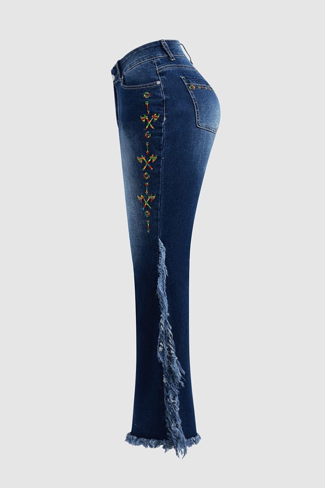 Embroidery Side Fringe Mid Waist Bootcut Jeans