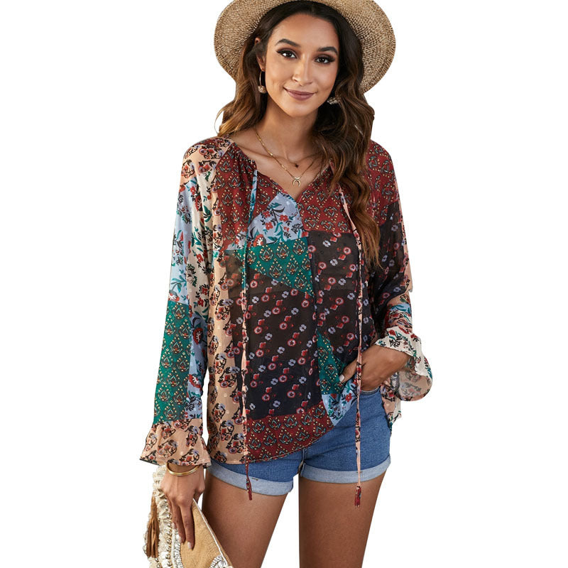 Floral Chiffon Loose V-neck Blouse, several colors