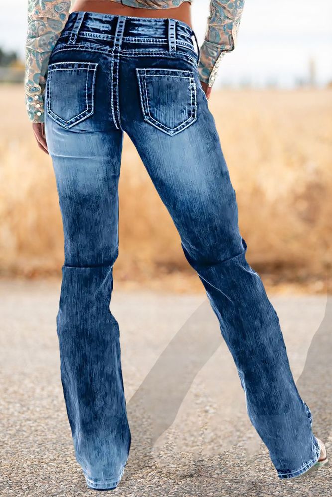 Cross Embroidery Ripped Low Rise Bootcut Jeans