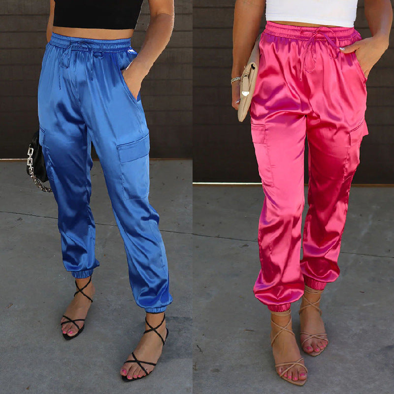 Shiny Pocket Straight Leg Casual Pants, blue or rose