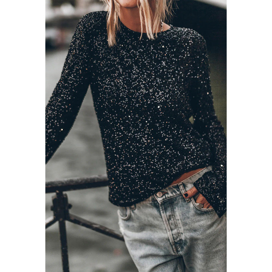 Sequin Long Sleeve Casual Blouse, black or silver