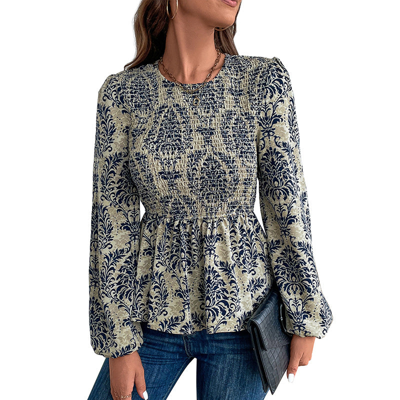 Elegant Pleated Waist Long Sleeve Printed Blouse