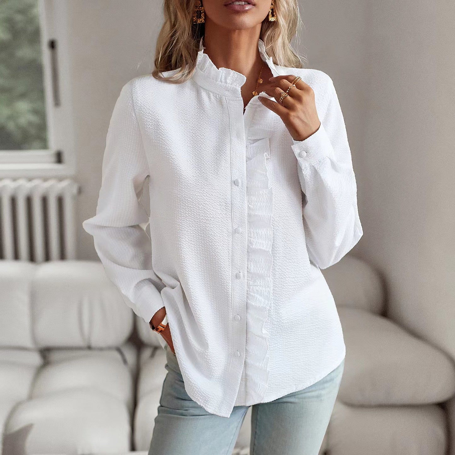 Ruffled Long Sleeve Button-down Shirt, several colors