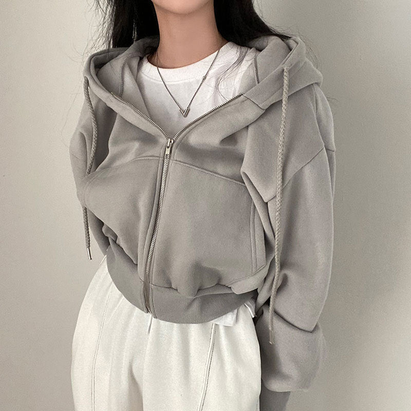 Cropped Loose Zipper Hoodie Jacket, several colors