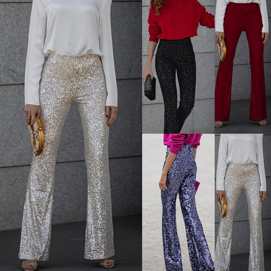 Sequin Elastic Waist slim-fit Stretchy Flare Pants, several colors