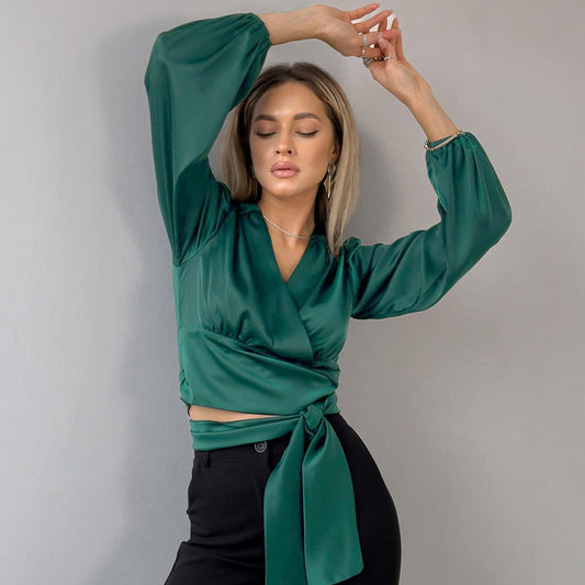 Satin V-neck Wrap Blouse