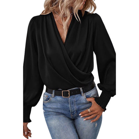 V-neck Chiffon Wrap Blouse, pink, black, or khaki