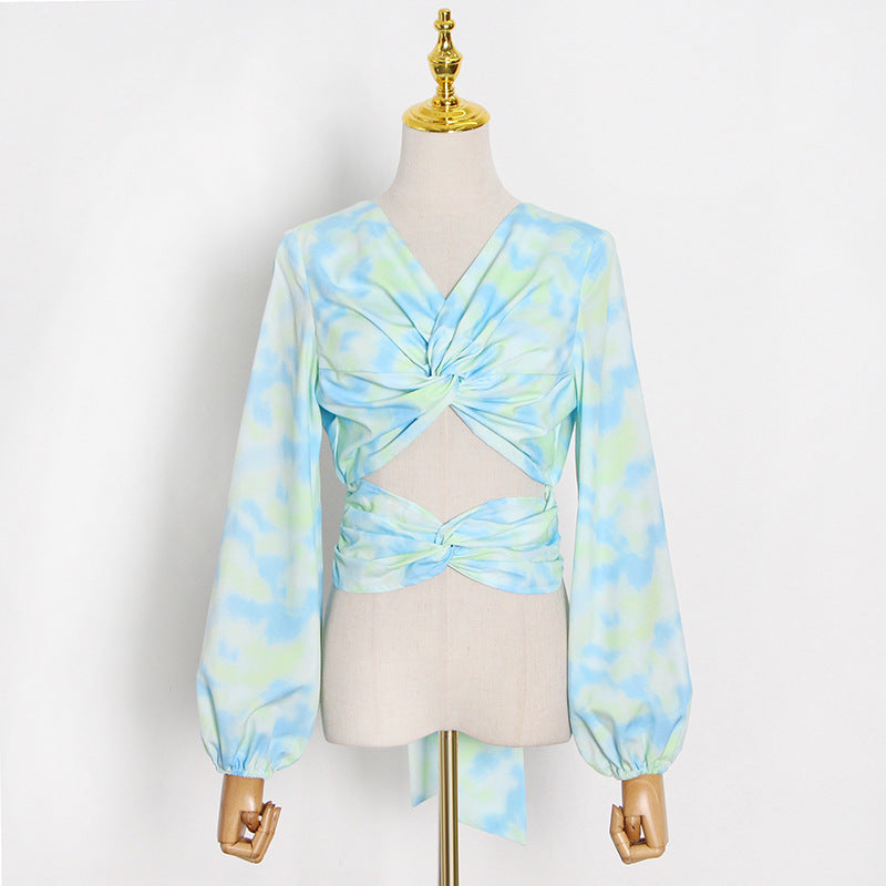 Floral Crop Long Sleeve Blouse, pink, blue, or yellow