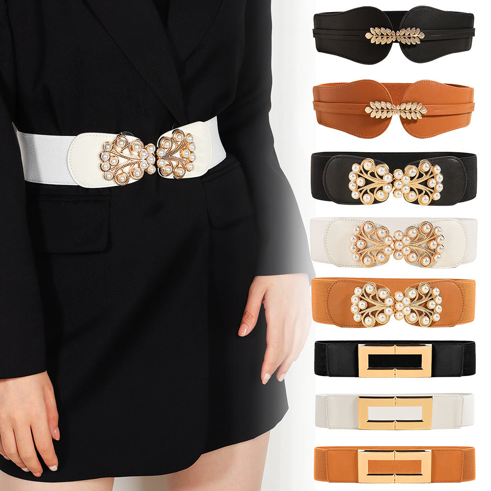 Pearl Leaf Metal Buckle Elastic Belt, black, white, brown