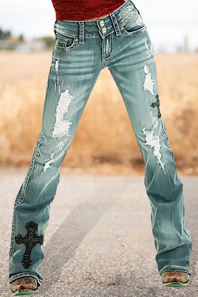 Cross Embroidery Ripped Low Rise Bootcut Jeans