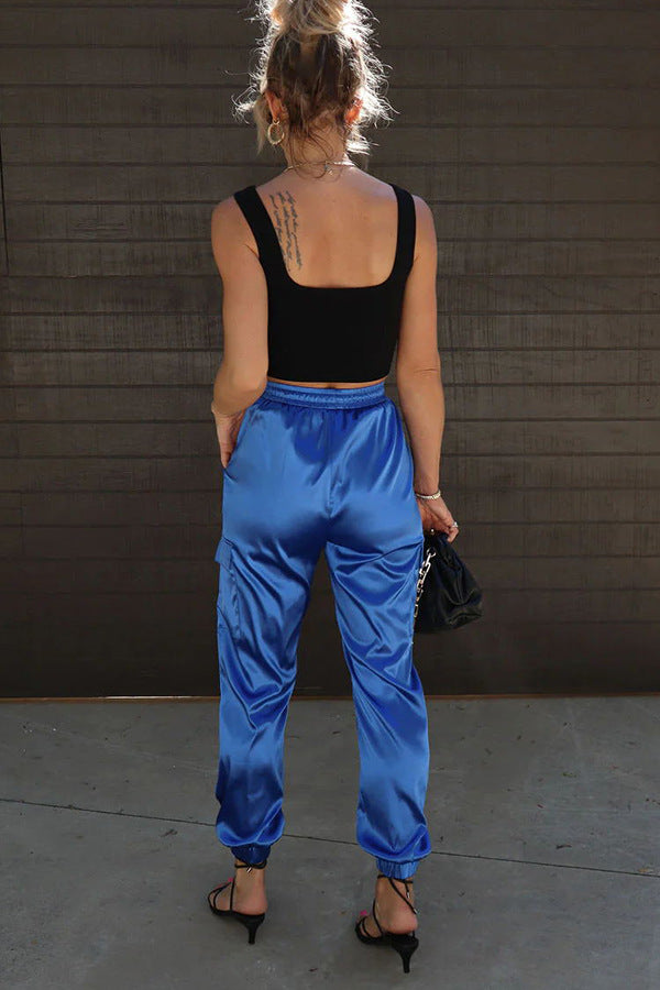 Shiny Pocket Straight Leg Casual Pants, blue or rose