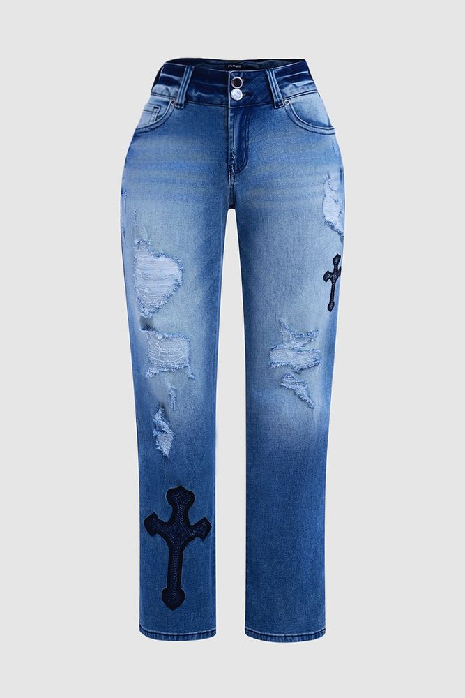 Cross Embroidery Ripped Low Rise Bootcut Jeans