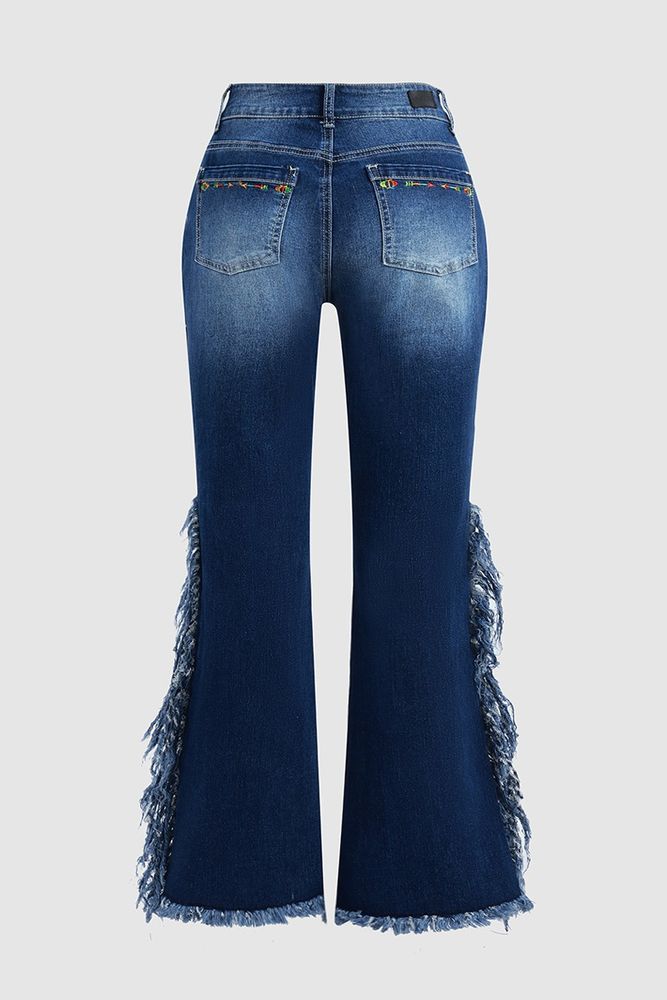 Embroidery Side Fringe Mid Waist Bootcut Jeans